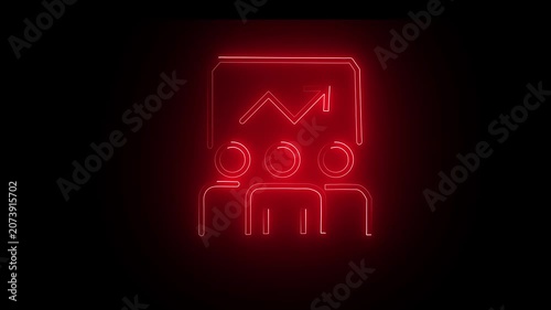 Neon meeting icon displays a bright red graphic with people standing before a presentation chart showing upward growth, suggesting team collaboration, corporate analytics, strategy and business.