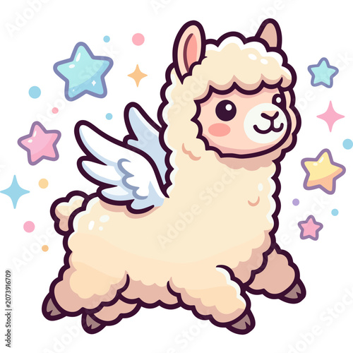 A cute cartoon llama with wings surrounded by colorful stars and dots in a whimsical scene.