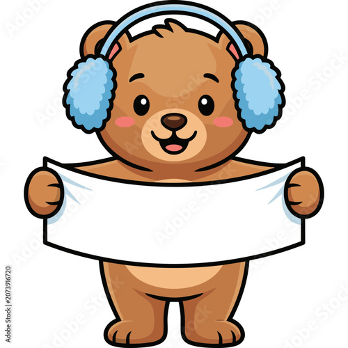 A cute cartoon bear wearing earmuffs holds a sign on a white background.