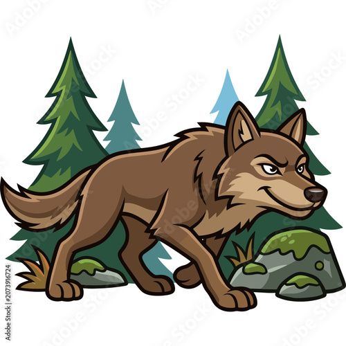A cartoon wolf walks through a forest with pine trees and rocks.