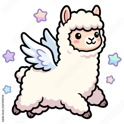 A cute cartoon llama with wings stands surrounded by colorful stars.