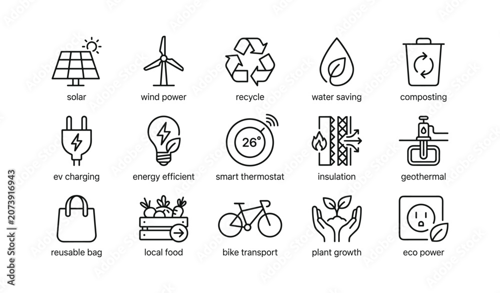 Fototapeta premium Eco and sustainability icons arranged in grid on white background