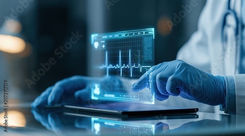 Doctor using tablet with medical health data monitor in hospital