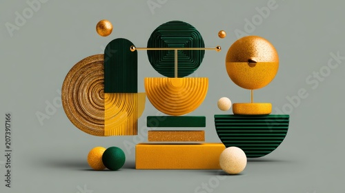 Abstract composition features floating geometric shapes in shades of gold, yellow, and dark green