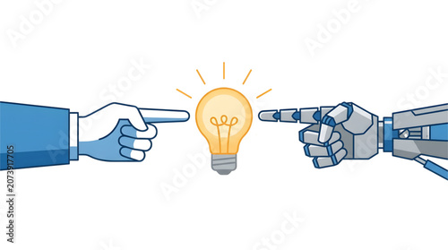 Human Hand and Robot Hand Reaching for Light Bulb — AI Innovation Concept Human and Robotic Hand Reaching Toward Illuminated Bulb Shared Intelligence Concept