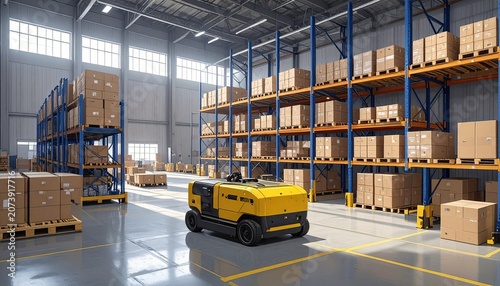 Automated Guided Vehicle Navigating Through Modern Warehouse With Shelves of Boxes.
