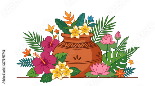 Tropical Leaf Flower and Pot Border Template for Greeting Card or Label