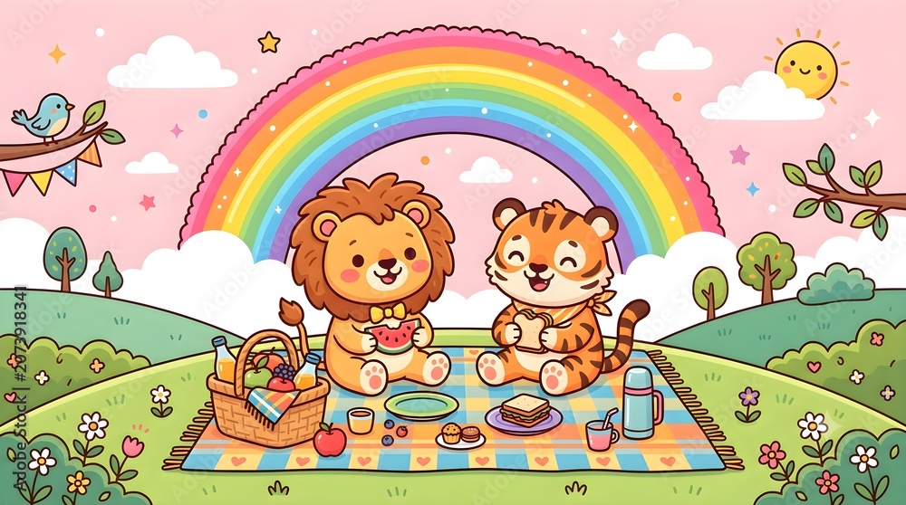 Fototapeta premium Cute animal friendship sticker illustration. Happy puppy and kitten with rainbow, perfect for pet lovers and design projects.