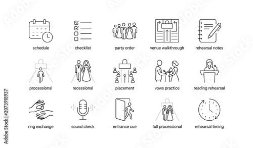 Wedding rehearsal icons showing planning steps and ceremony cues