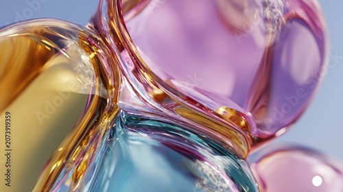 Multicolored, amorphous, glossy shapes merge together against a bright background.