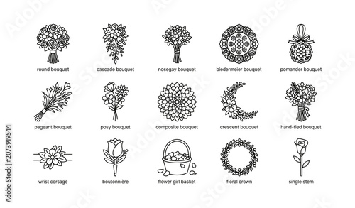 Variety of bouquet icons arranged on white background