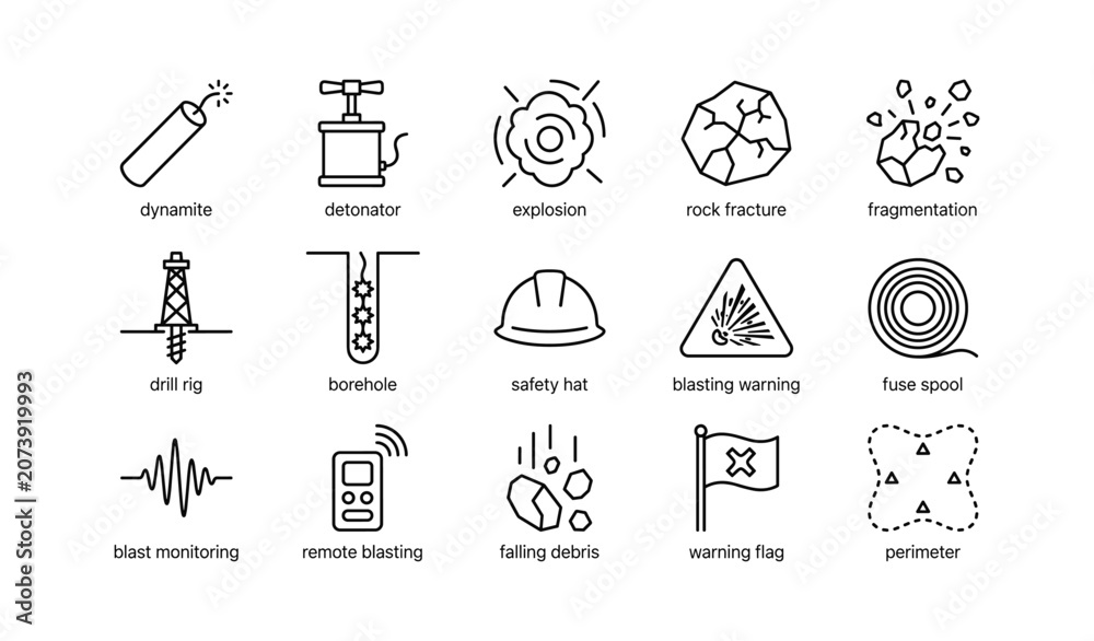 Fototapeta premium Blasting and explosives icons displayed in grid on white background