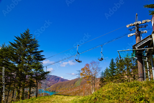 Chairlift or cable car in the Mt. Naeba, Yuzawa town, Niigata prefecture, Chubu, Japan.