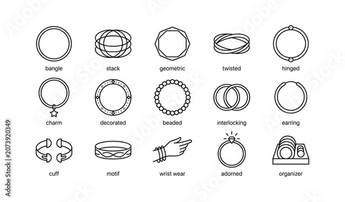 Bangle and bracelet icon set displaying labeled styles on white