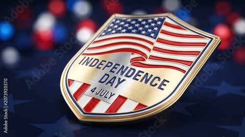 Independence day gold shield emblem featuring american flag design and 4 july text on a dark blue star patterned background with soft bokeh lighting effects for national patriotic holiday celebrations