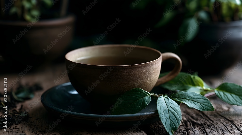 Obraz premium A dramatic still life of a calm herbal tea cup featuring earthy tones and rustic textures evoking a sense of warmth and tranquility