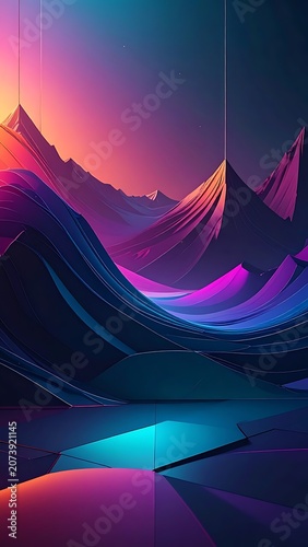 Vibrant digital mountain landscape at sunset.