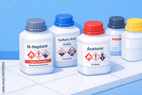 Hazardous Chemical Liquid Bottles with GHS Safety Labels for Laboratory Use Isometric Illustration