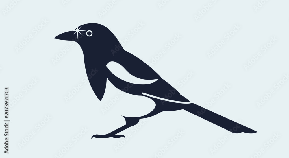 Naklejka premium Black and white magpie bird silhouette walking.