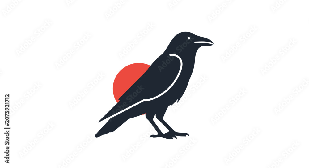 Obraz premium Black crow bird with red sun circle background