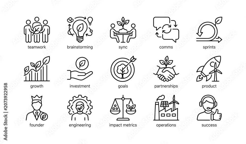 Fototapeta premium Set of business and sustainability icons arranged in grid on white