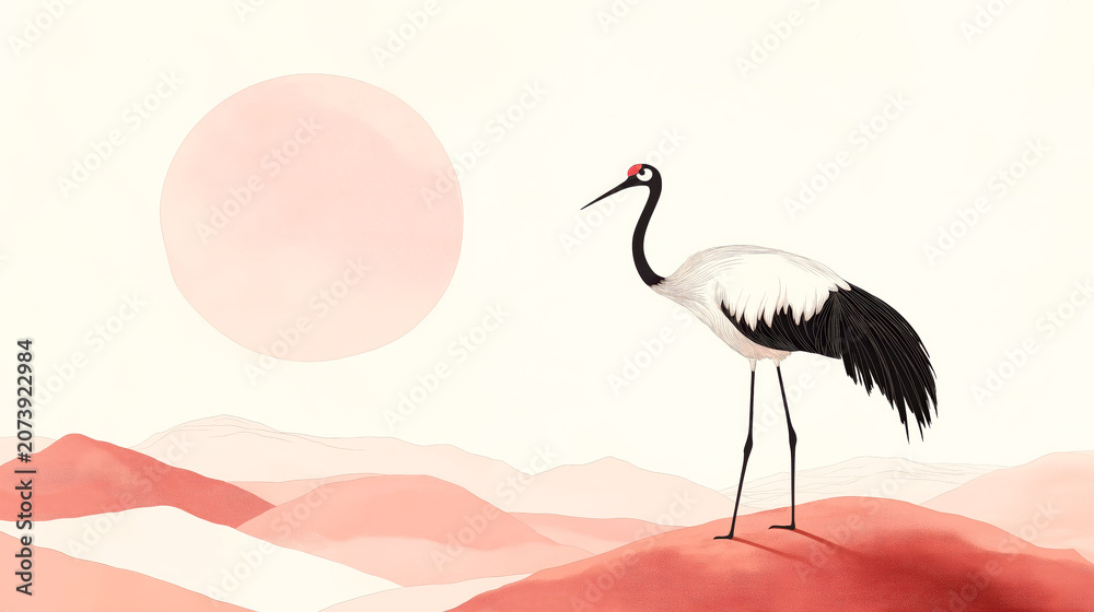 Obraz premium Minimal Red Crowned Crane in Pastel Mountain Landscape
