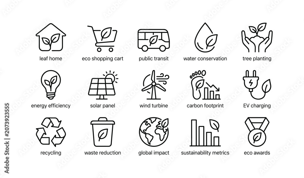 Fototapeta premium Eco and sustainability icons arranged in grid on white background