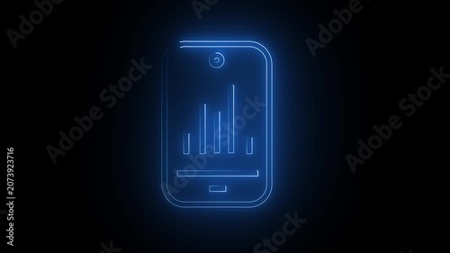 Smartphone illuminates with a blue neon glow showing complex vertical bar charts representing data analysis and mobile connectivity for modern analytics software solutions in a digital workspace.