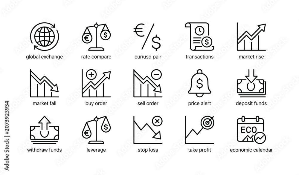 Fototapeta premium Grid of finance icons illustrating forex concepts and charts