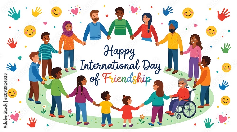 Fototapeta premium Happy international day of friendship illustration with diverse group of people holding hands in a circle