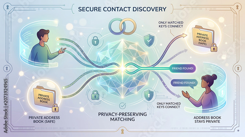 Plakat w ramie Secure digital data synchronization and encrypted contact matching network illustration
