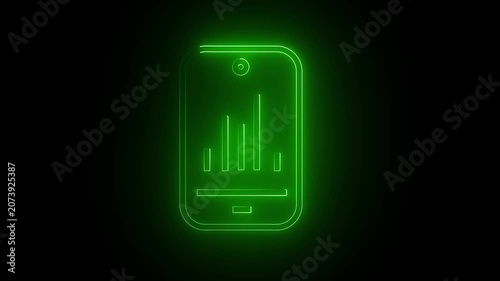 Smartphone displays vibrant green financial growth charts in a neon glowing style to illustrate market analysis trends and mobile business performance tracking within a modern digital economic.