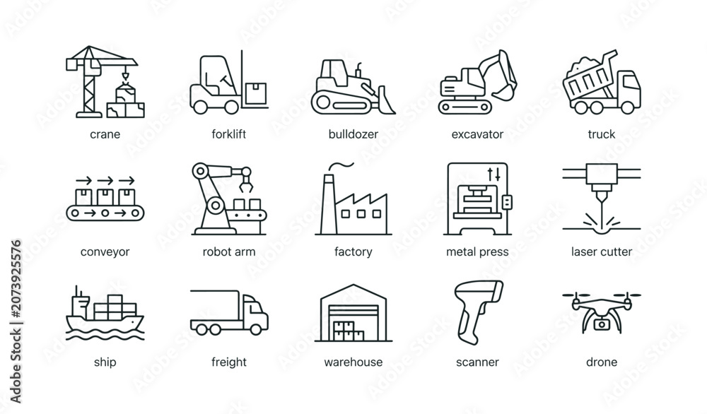 Fototapeta premium Construction and logistics equipment icons arranged on white grid