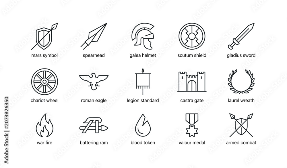 Fototapeta premium Roman military icons arranged in labeled grid on white background