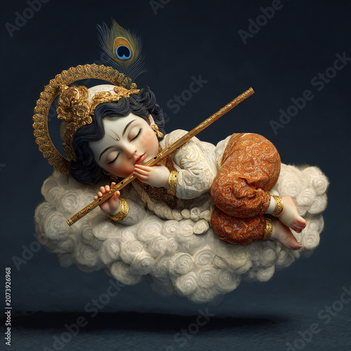 Sleeping Baby Krishna on a cloud in the sky playing the flute a symbol of peace and devotion 