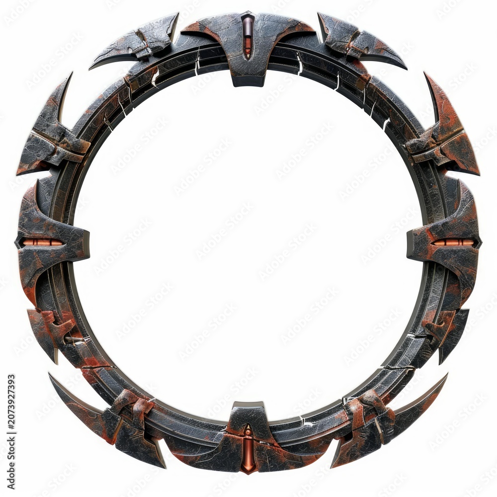 Fototapeta premium Rusty metal circular border frame with a sci fi design is showing a blank copy space
