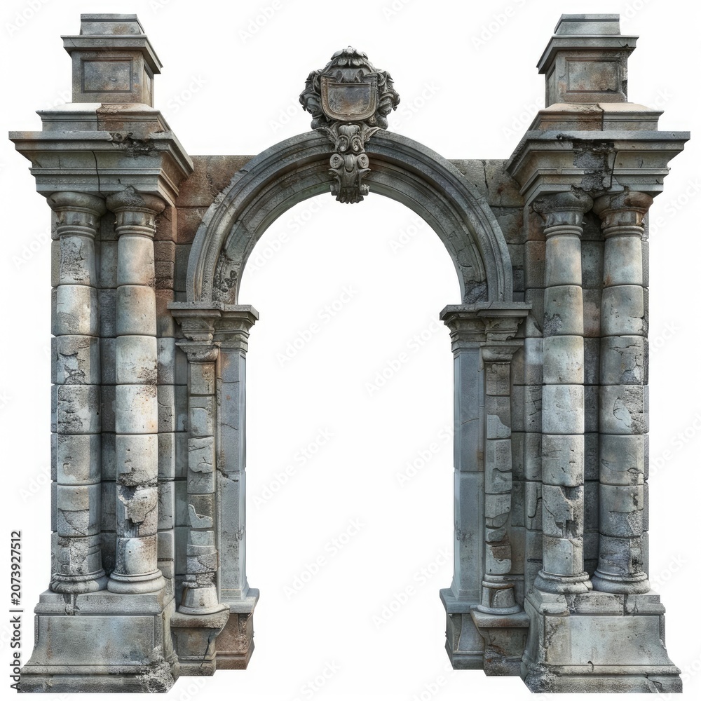 Naklejka premium Old stone archway with columns is showing damage and crumbling stonework