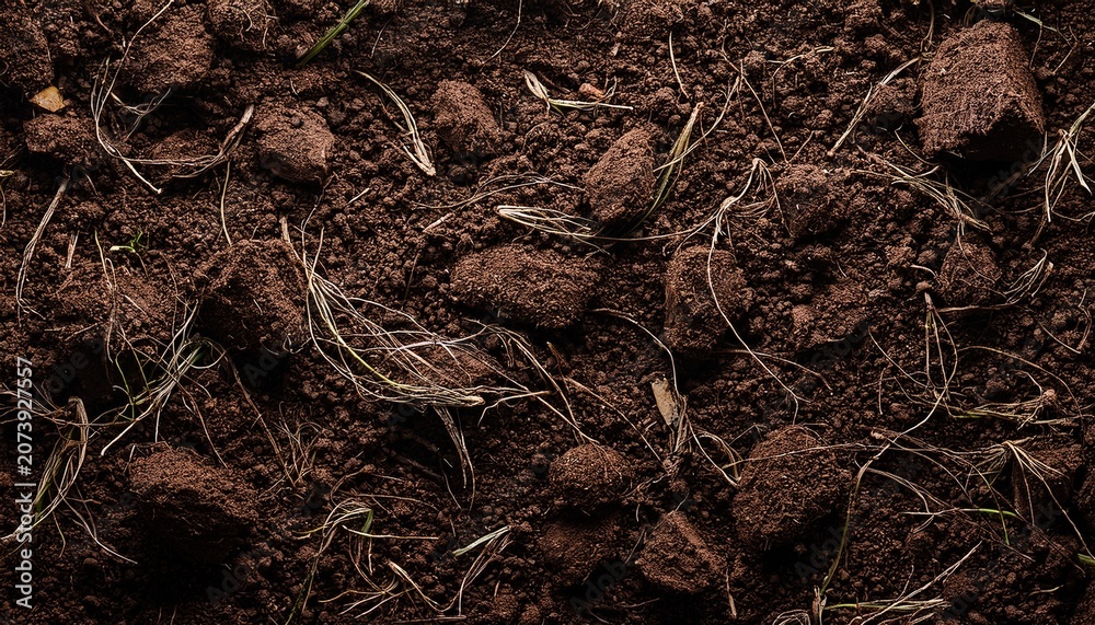 Fototapeta premium Rich Organic Garden Soil With Compost And Tiny Roots Detailed Textured Background Top View Earthy Brown Tones Natural Horticulture Backdrop For Design And Print