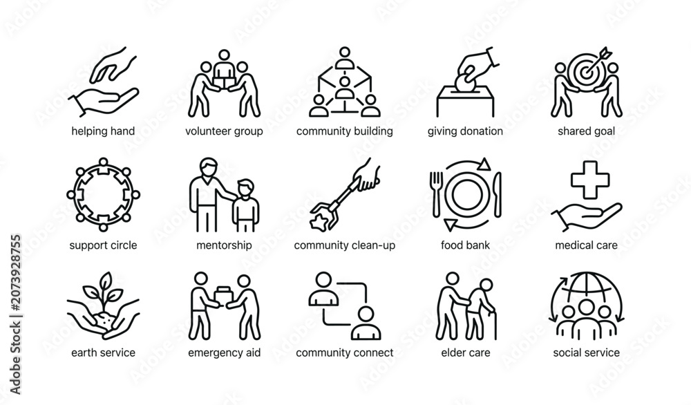 Obraz premium Community service icons illustrating volunteering and social support