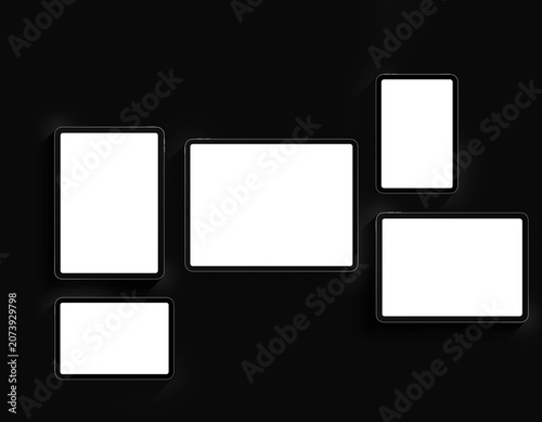 Tablet Stacked Top View Angle Mockup. Multiple Screens Dark Background Blank Display Professional Device Presentation Template Digital Asset UI UX App Showcase Modern Technology Graphic screen mock up
