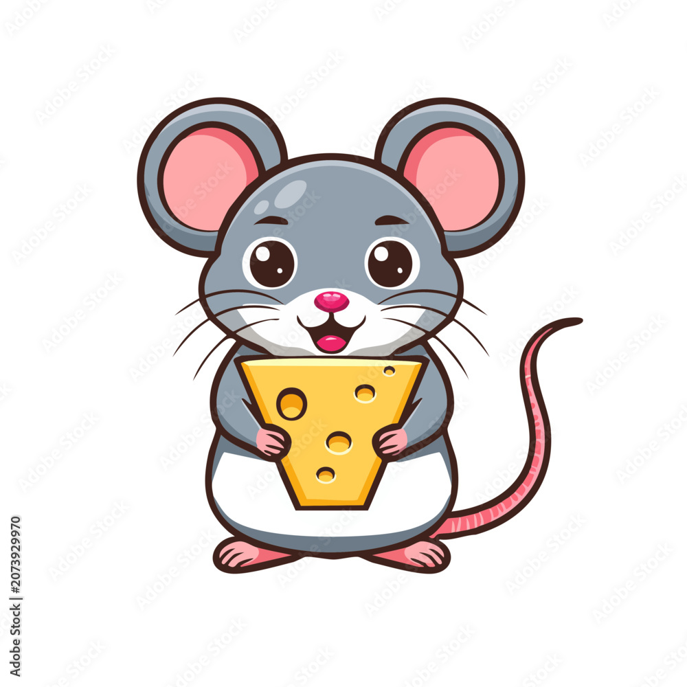 Fototapeta premium Cute cartoon mouse holding cheese slice