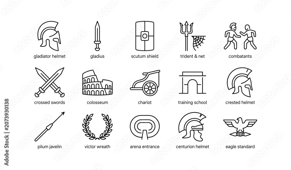 Fototapeta premium Gladiator and roman arena icons arranged in grid layout