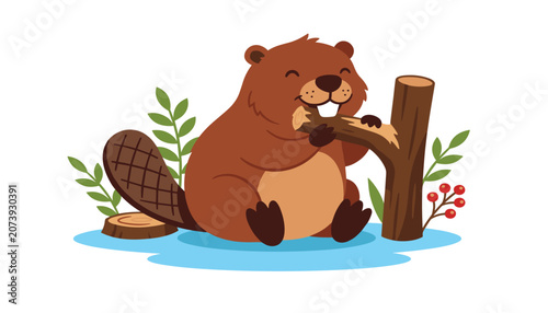 Fotografie Cute cartoon beaver vector illustration chewing on a tree branch near water isol