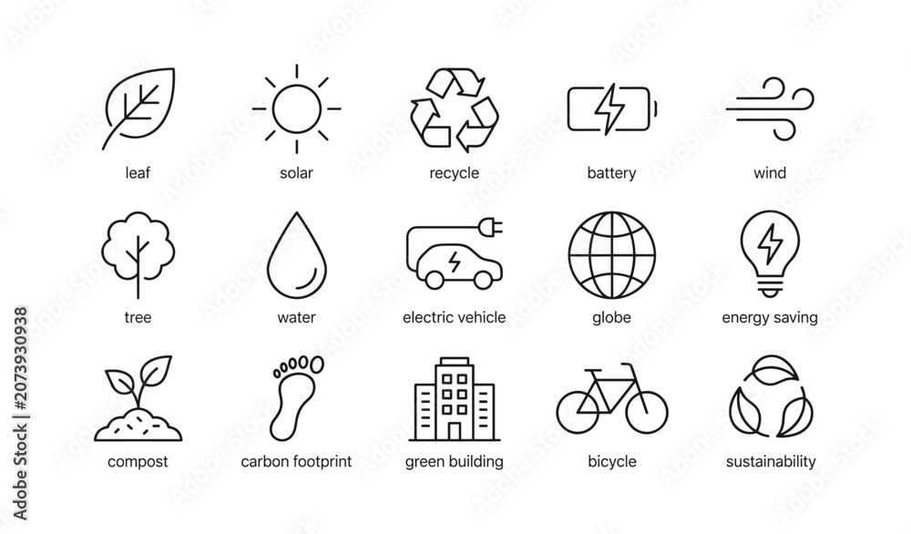 Fototapeta premium Collection of environmental icons arranged in grid layout