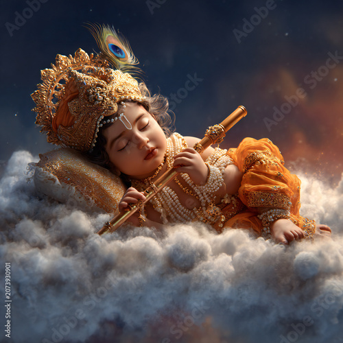Sleeping Baby Krishna on a cloud playing the flute a symbol of peace and devotion