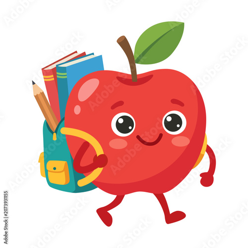 Cute School Apple Character With Backpack Vector Illustration