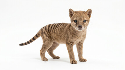 Adorable Numbat Baby Standing Alertly on White Background Showcasing Unique Striped Fur and Curious Expression Perfect for Wildlife Education and Conservation Awareness