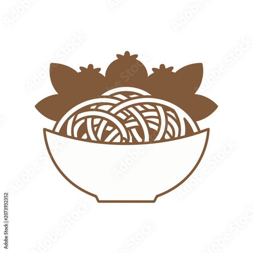 Flat illustration of a bowl of spaghetti with tomatoes and basil