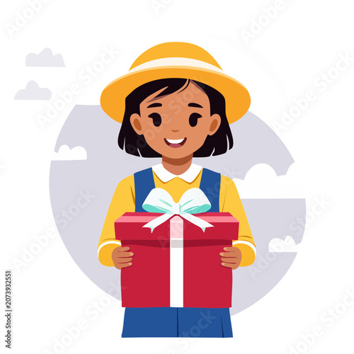 Girl holding red gift box in flat illustration style