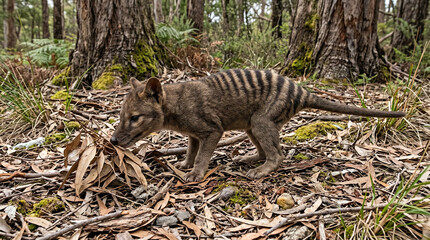 A captivating Tasmanian tiger thylacine pup exploring its natural woodland habitat with curious sniffing behavior showcasing its unique striped fur and slender tail a rare glimpse into this iconic